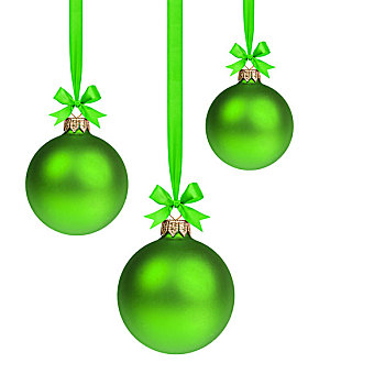 构图,三个,绿色,圣诞节,彩球,悬挂,丝带,白色背景