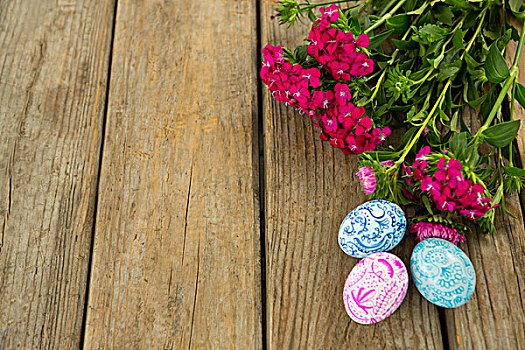 涂绘,复活节彩蛋,束,花,木质背景,特写