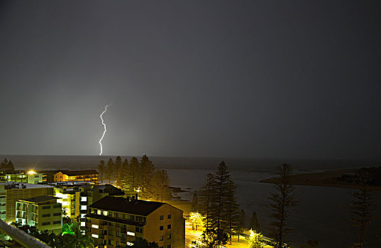 乌云,闪电,惊人,俯视,城市,昆士兰,澳大利亚