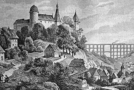 城堡,桥,萨克森,福格特兰,德国,历史,插画,1893年