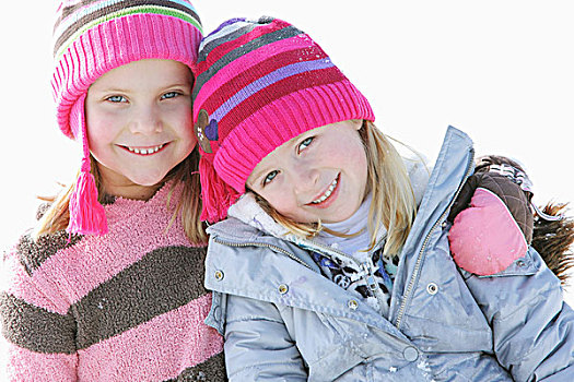 两个女孩,粉色,条纹,帽子,搂抱,俄勒冈,美国