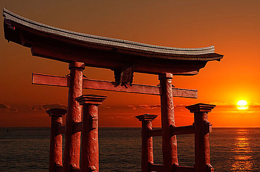 传统,漂浮,日本,大门,进入,神社,红色,落日,背景