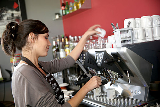 女店员,咖啡,机器