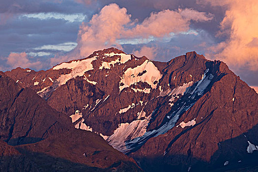 高山辉,顶峰,日落,楚加奇山,楚加奇州立公园,阿拉斯加,夏天