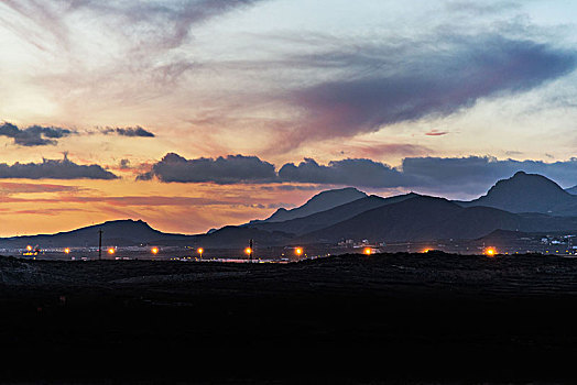 光亮,飞机跑道,特内里费岛,机场,背景,火山,日落