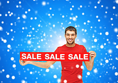销售,购物,圣诞节,休假,人,概念,微笑,男人,红色,t恤,标识,上方,蓝色,雪,背景