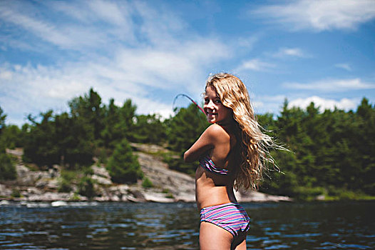 女孩,比基尼,钓鱼,国王,湖,安大略省,加拿大