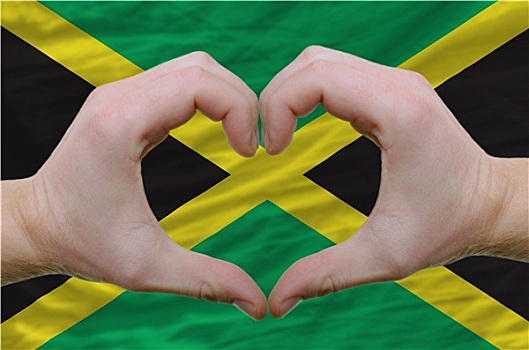 心形,喜爱,手势,展示,上方,旗帜,牙买加,背影