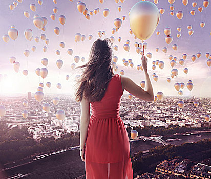 年轻,女士,城市,小,气球