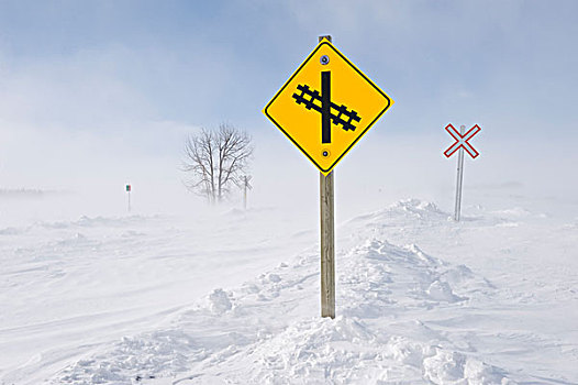 道路,铁路,遮盖,吹,雪,靠近,曼尼托巴,加拿大