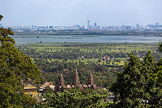 塔,收获,庙宇,后面,天际线,金边,柬埔寨,亚洲