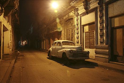 老爷车,夜晚,街景,哈瓦那,古巴,加勒比海,美洲