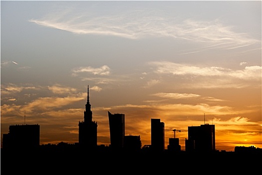 华沙,城市,剪影,日落,波兰