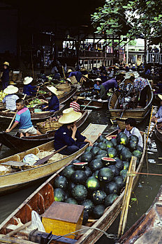 泰国,靠近,曼谷,水上市场,运河,船,食物,农产品,商品,西瓜