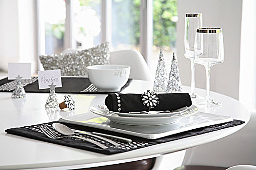 优雅,黑白,餐具摆放,银,装饰