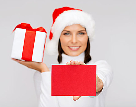 圣诞节,圣诞,白天,庆贺,概念,微笑,女人,圣诞老人,帽子,礼盒,明信片