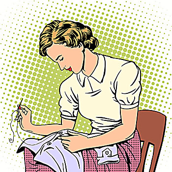 女人,缝纫,衬衫,线,主妇,家务