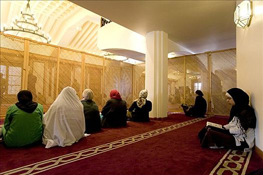 女人,后面,星期五,祈祷,大,清真寺,坐,双腿交叉,红地毯,区域,格拉纳达,安达卢西亚,西班牙