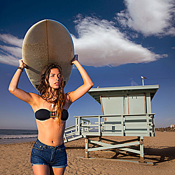 黑发,冲浪,少女,拿着,冲浪板,圣莫尼卡,海滩,加利福尼亚