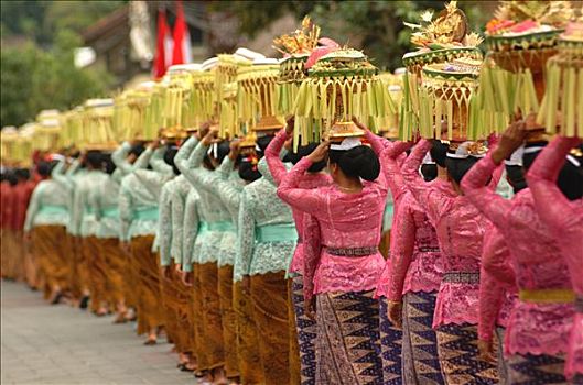 印度尼西亚,巴厘岛,队列,典礼,庙宇,女人,供品,头部