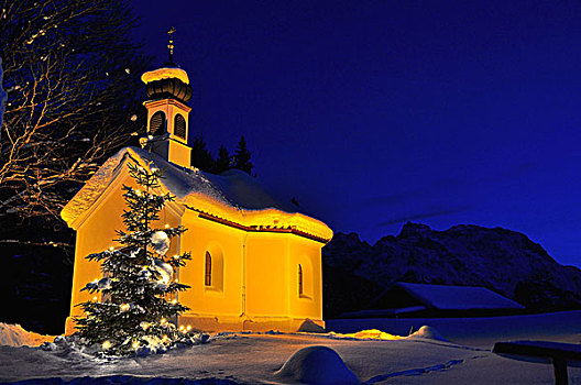 德国,巴伐利亚,伊萨河,山谷,冬天,黃昏,小教堂,圣诞树