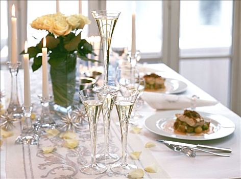 节日餐桌,香槟,食物,玫瑰