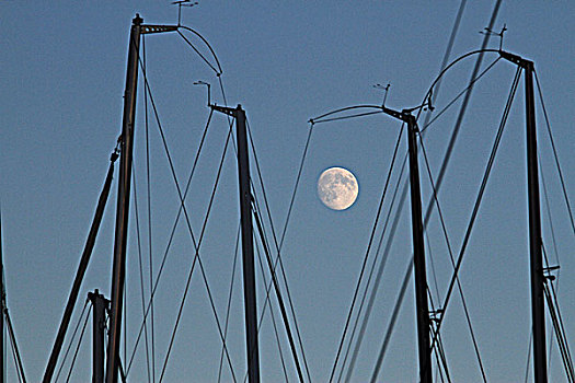 桅杆,帆船,黎明,月亮,背景