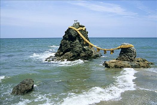 日本,本州,婚姻,石头,连接,绳索,海洋