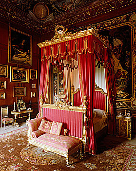 房间,18世纪,四柱床,装饰,皇家,手臂,皇后,拜访,意大利,老,绘画,旅游,墙壁