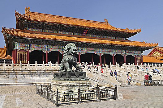 青铜,狮子,正面,大门,和谐,故宫,明代,清朝,北京,中国