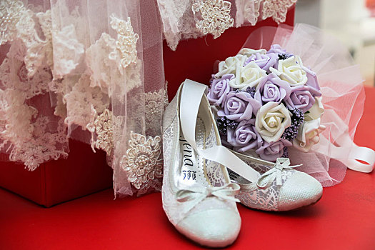红色背景,花,新娘,鞋