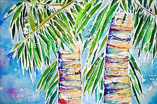 海滩,两个,棕榈树,蓝天,蜡染,糯米纸,丙烯酸树脂,水彩画