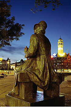 基督教,安徒生,雕塑,市政厅,广场,夜晚,哥本哈根,丹麦