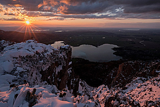 风景,科赫尔湖,湖,冬天,日落,巴伐利亚阿尔卑斯山,巴伐利亚,德国