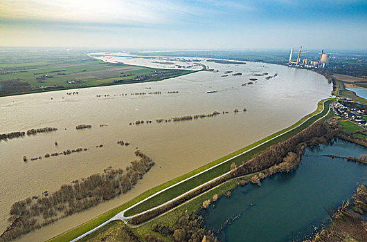 洪水,莱茵河,电厂,靠近,鲁尔区,北莱茵威斯特伐利亚,德国,欧洲