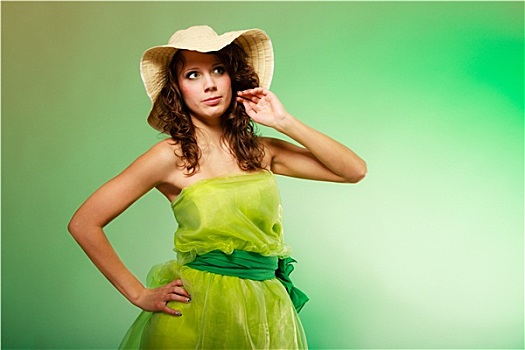 春天,夏天,美女,女孩,帽子,绿色,连衣裙