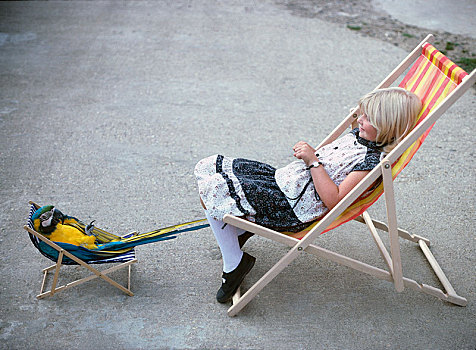 女孩,鹦鹉,折叠躺椅,英格兰,英国