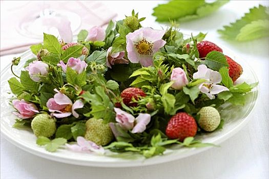 花环,犬蔷薇,草莓,盘子