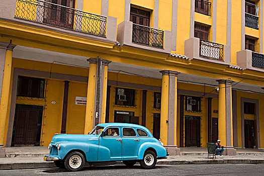 古巴,哈瓦那,经典,蓝色,汽车,黄色,建筑,使用,只有