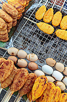 糯米,扦子,蛋,炭烤架,市场,万象,老挝