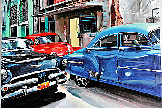 绘画,油画,汽车,旧式,老爷车,纪念品,特立尼达,古巴,大安的列斯群岛,加勒比海,中美洲,北美