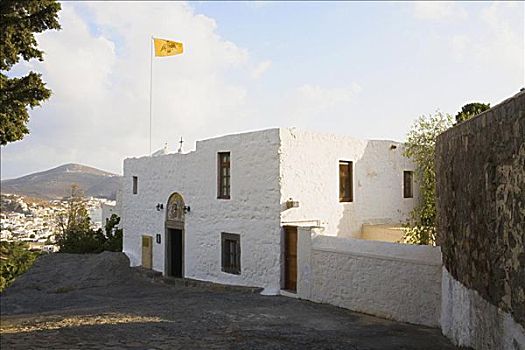 旗帜,寺院,启示,帕特莫斯岛,多德卡尼斯群岛,希腊