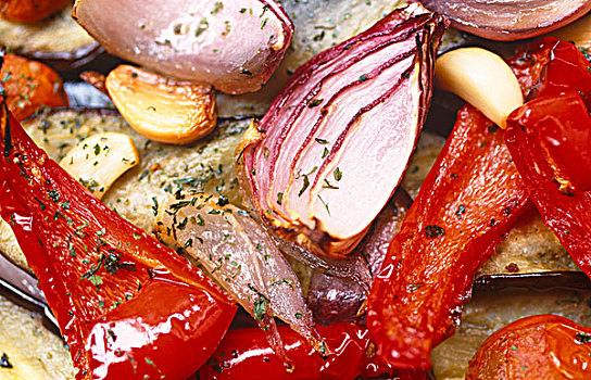 烤,胡椒,红洋葱,蒜,西红柿,茄子