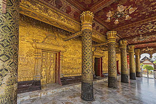 特写,金色,入口,庙宇,寺院,一个,琅勃拉邦,老挝