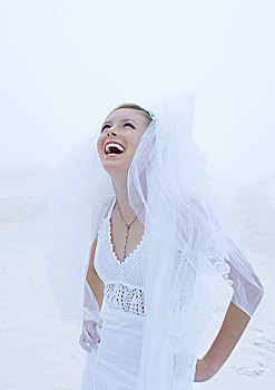新娘,笑,海滩
