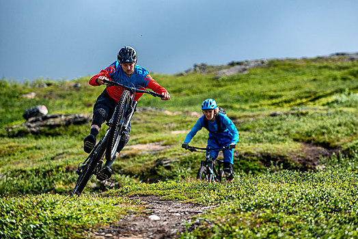 两个男人,山地自行车,乘,小路,高处,乡村,挪威北部,夏天