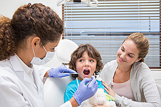 儿科,牙医,检查,小男孩,牙齿,母亲