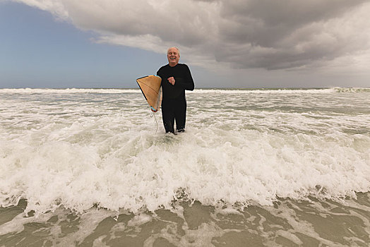 老人,跑,冲浪板,海滩