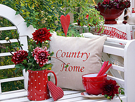 红色,大丽花,罐,靠近,一堆,器具,垫子,白色背景,园凳