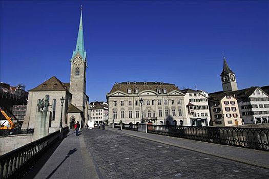 历史,城镇中心,苏黎世,桥,左边,教堂,右边,行会,房子,瑞士,欧洲